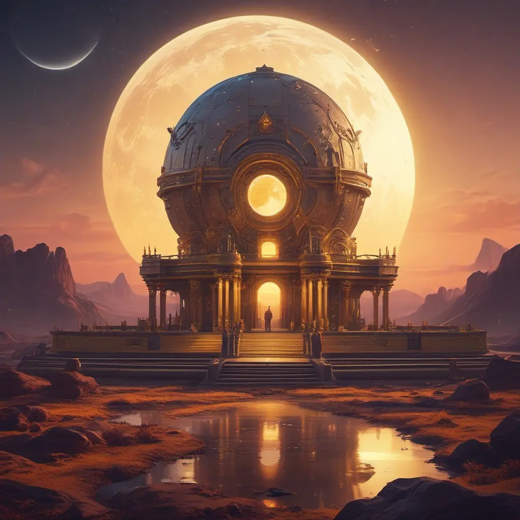 Cosmic round beautiful yellow temple in the center of a futuristic community. Extraterrestrial landscape. Planet sirius. The moon and stars can be seen in the sky even during the day., Sci-Fi, Volumetric Lighting, Vibrant Colors by WLOP