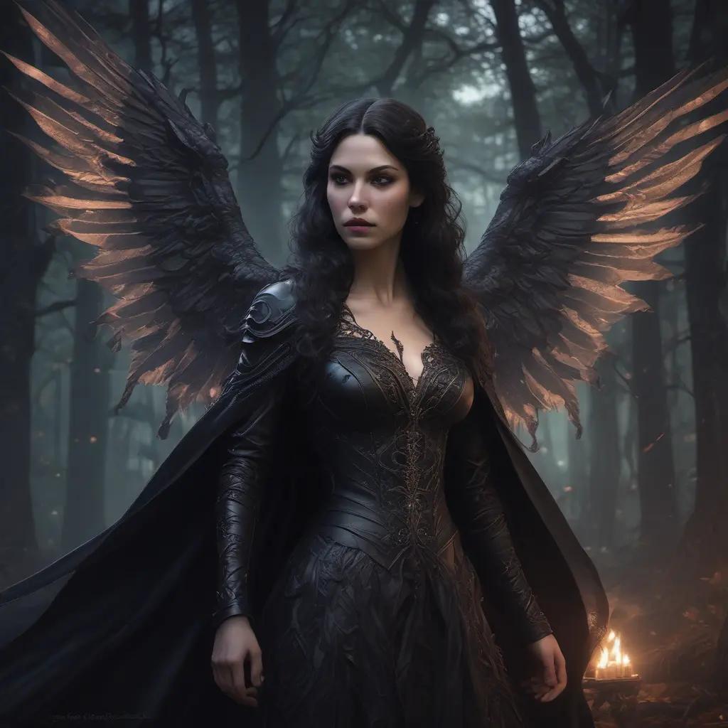 Winged vampiress in a haunted forest, Highly Detailed, Intricate, Gothic, Volumetric Lighting, Fantasy, Dark by Stanley Artgerm Lau