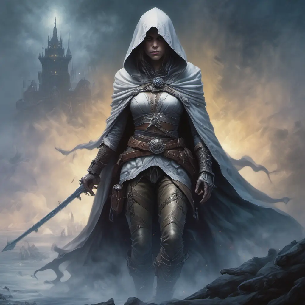 White hooded female assassin emerging from the fog of war, Highly Detailed, Vibrant Colors, Ink Art, Fantasy, Dark by Alex Horley