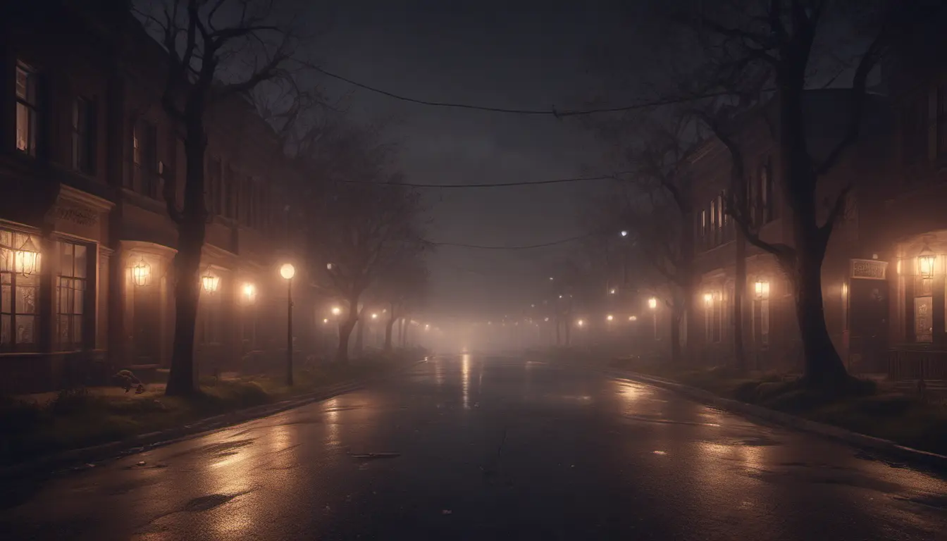 An eerie street at night of a mystical creepy road, cinematic view, 8k, Award-Winning, Highly Detailed, Beautiful, Epic, Octane Render, Unreal Engine, Radiant, Volumetric Lighting by James Gurney, Greg Rutkowski