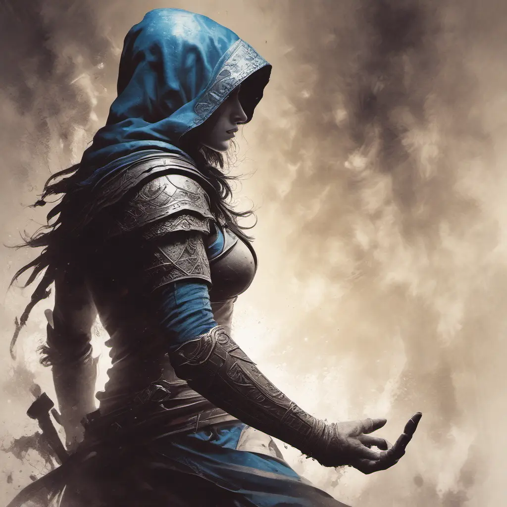 Silhouette of Kassandra from Assassin's Creed emerging from the fog of war, ink splash, Highly Detailed, Vibrant Colors, Ink Art, Fantasy, Dark by Stanley Artgerm Lau