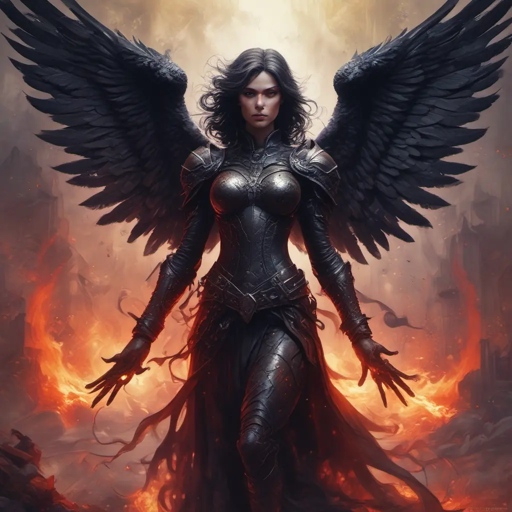 Dark Angel emerging from a firey fog of battle, ink splash, Highly Detailed, Vibrant Colors, Ink Art, Fantasy, Dark by Stanley Artgerm Lau