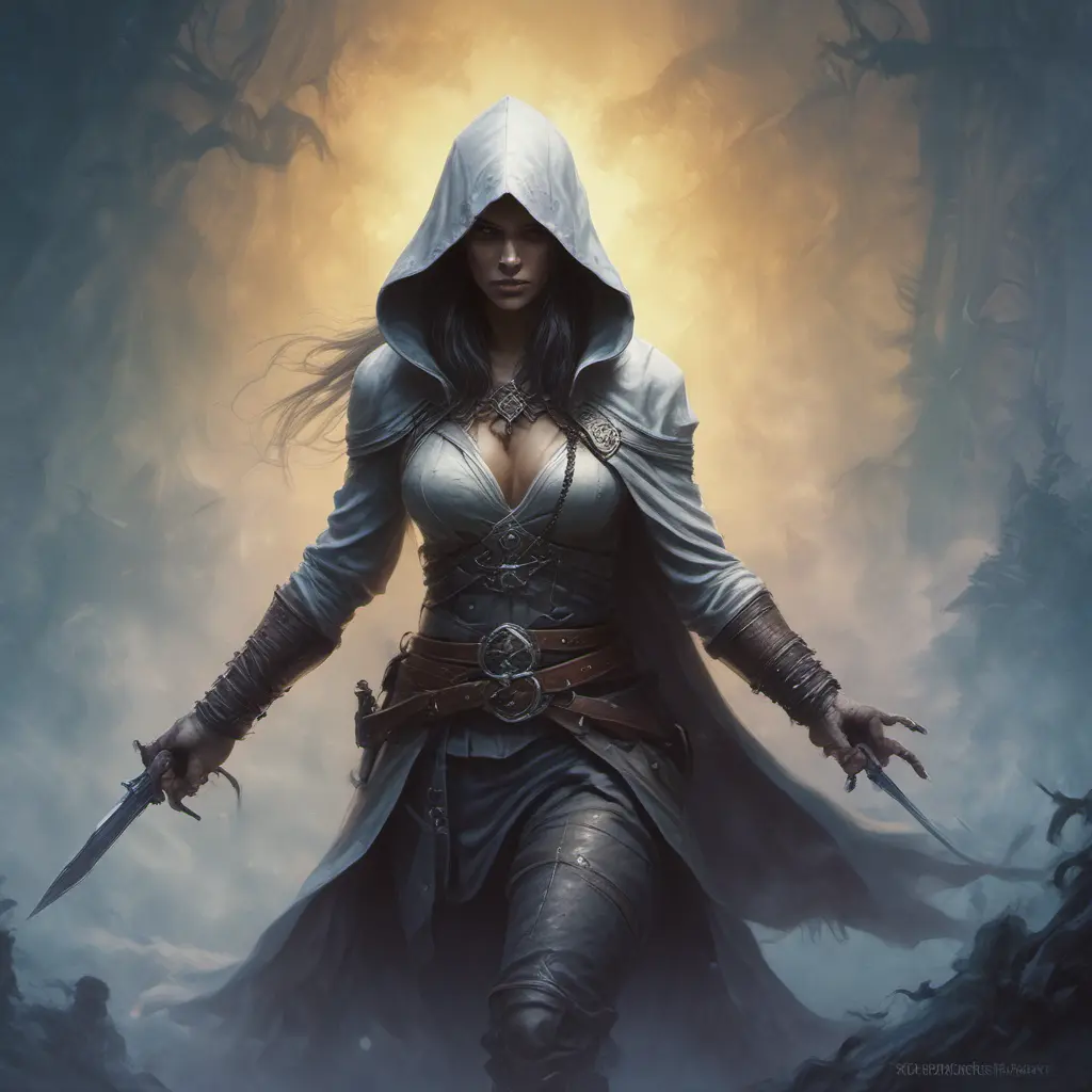 White hooded female assassin emerging from the fog of war, Highly Detailed, Vibrant Colors, Ink Art, Fantasy, Dark by Alex Horley