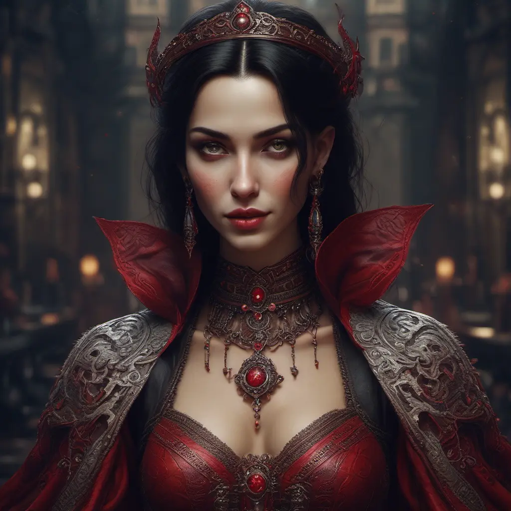 A beautiful romanian vampire woman with penetrating red bright eyes, long fangs, perfect face, 8k, Hyper Detailed, Intricate Details, Masterpiece, Contemporary, Full Body, Trending on Artstation, Gothic, Deviantart, Concept Art by Stefan Kostic