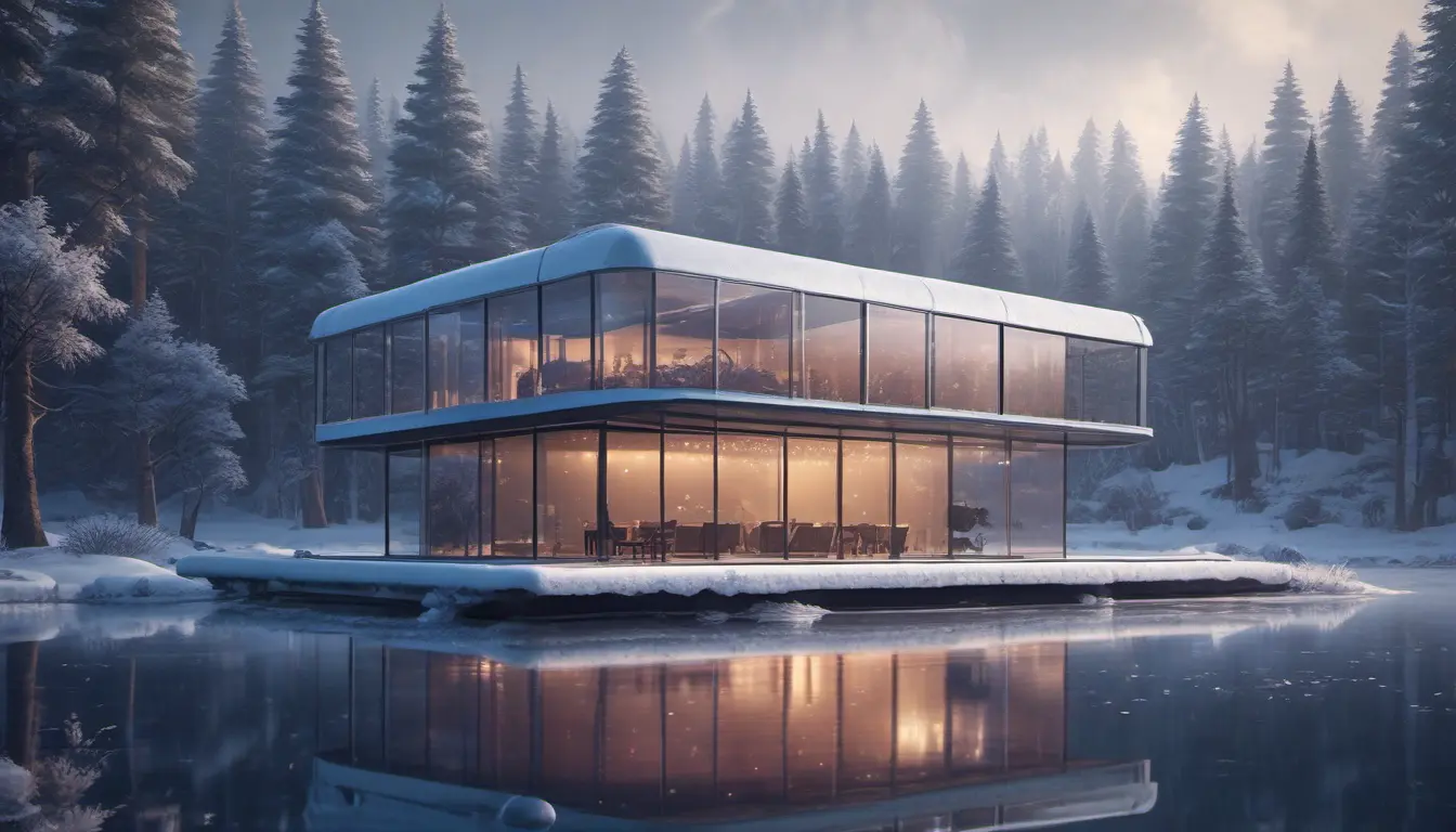 Beautiful futuristic architectural glass house in the forest by a large frozen lake, 8k, Award-Winning, Highly Detailed, Beautiful, Epic, Octane Render, Unreal Engine, Radiant, Volumetric Lighting by Greg Rutkowski