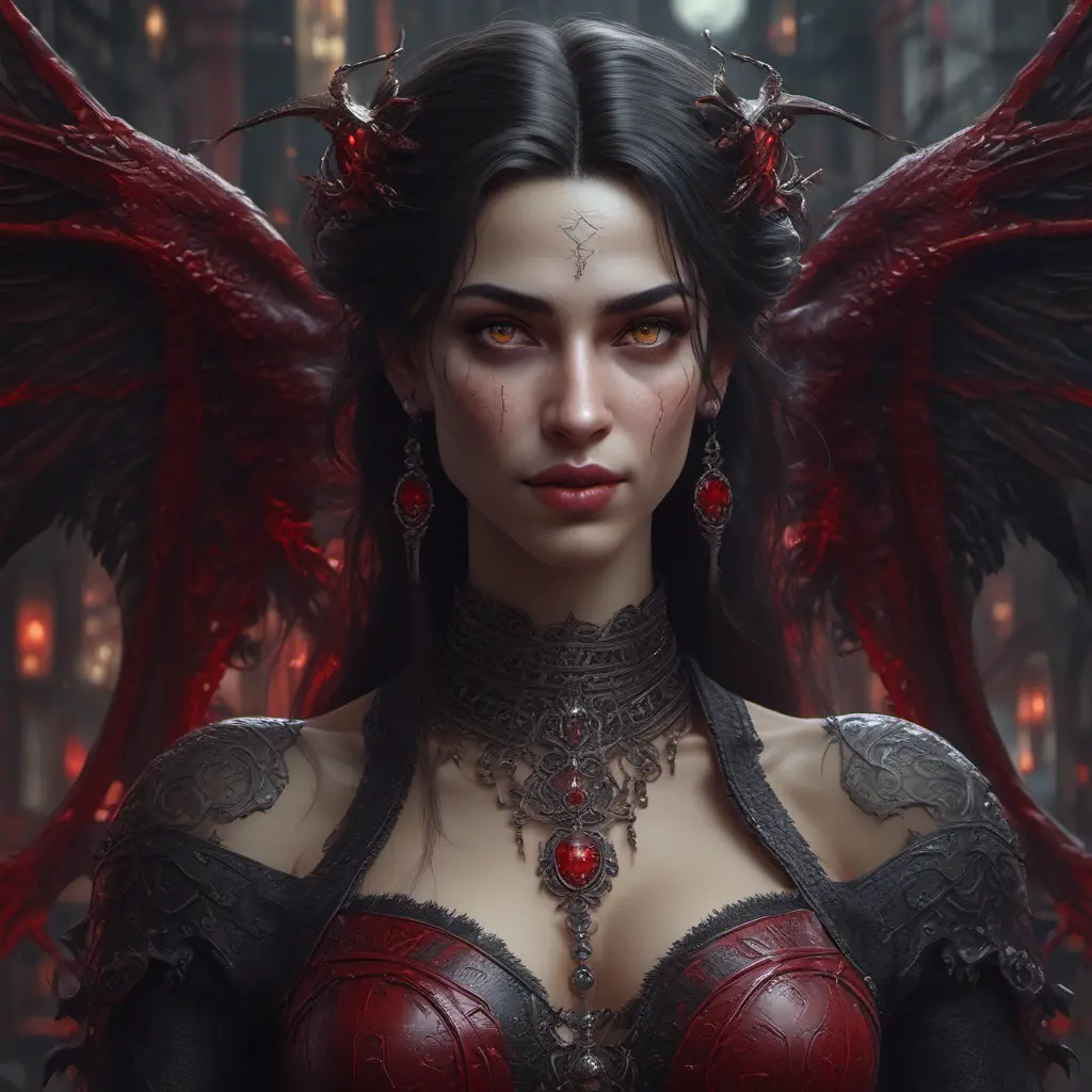 A beautiful romanian vampire woman with penetrating red bright eyes, long fangs, perfect face, 8k, Hyper Detailed, Intricate Details, Masterpiece, Contemporary, Full Body, Trending on Artstation, Gothic, Deviantart, Concept Art by Stefan Kostic