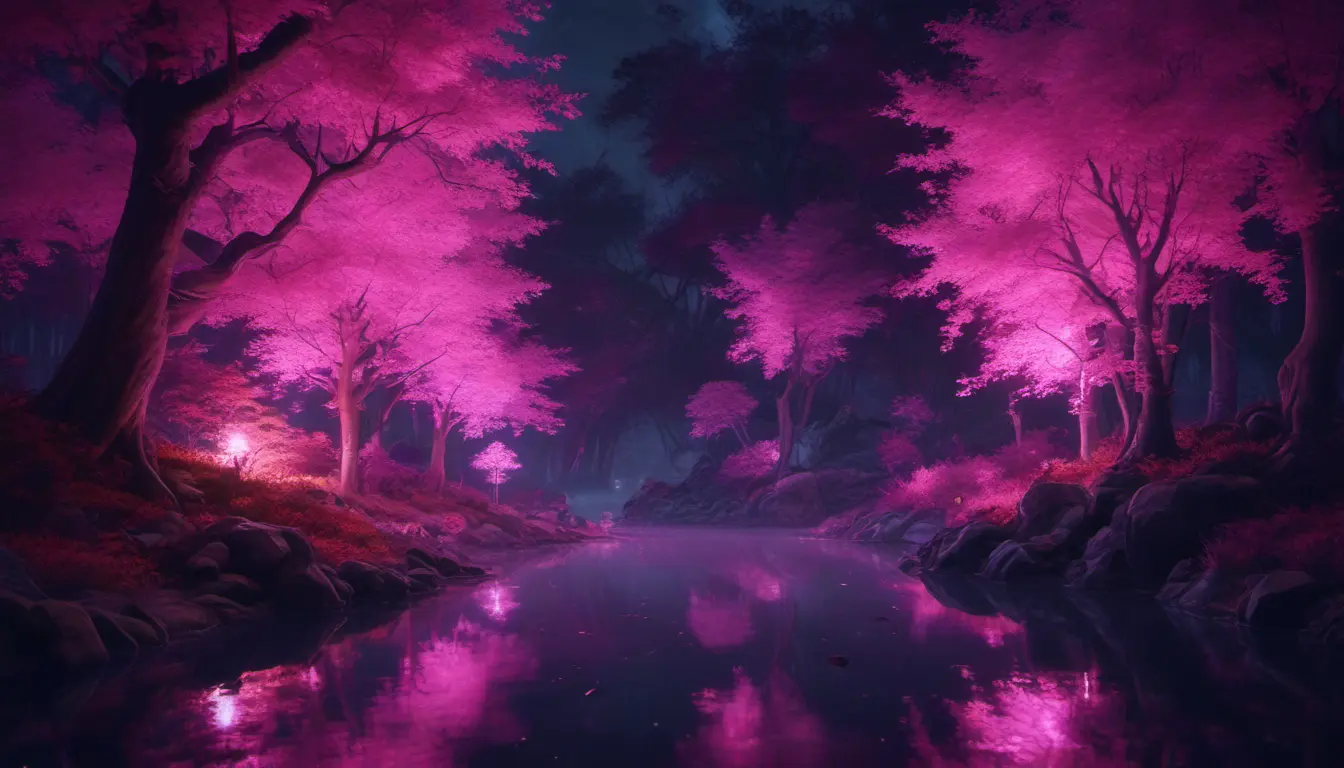 A magical pond in a fantasy forest with glowing pink trees at night, 4k, HQ, Intricate, Masterpiece, Artstation, Cinematic Lighting, Photo Realistic, Sharp Focus, Unreal Engine, Dark