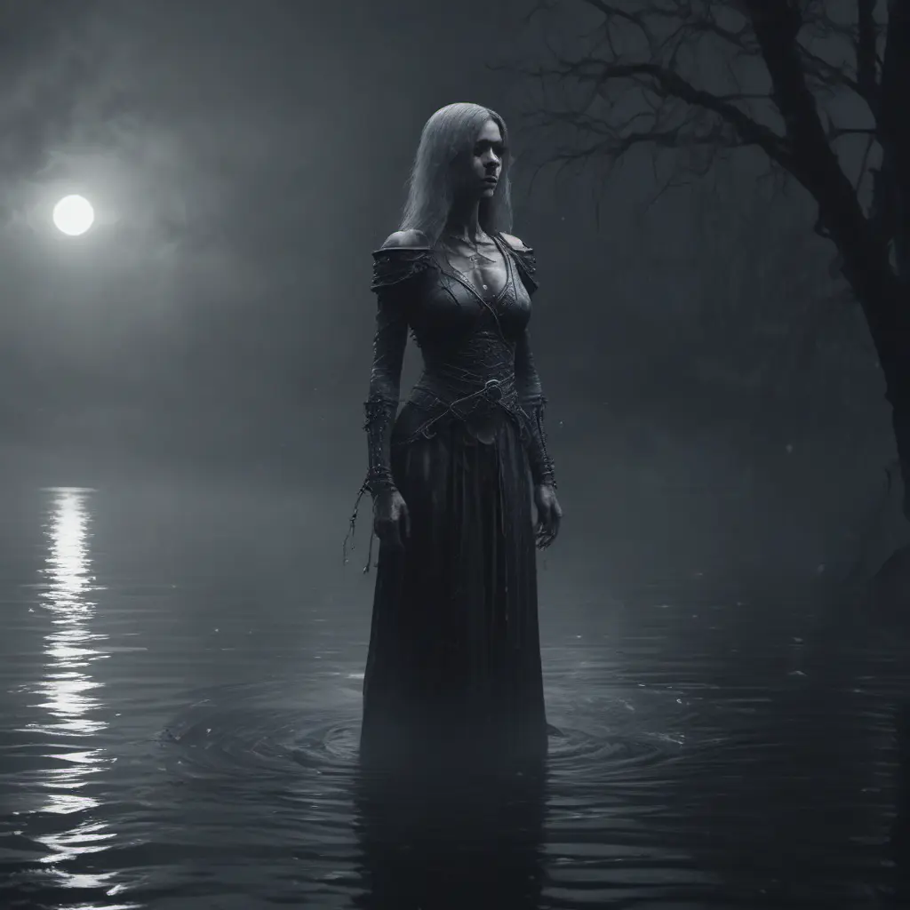 The frightening La Yorona with black eyes on her shoulder stands in a dark lake. Mist. Rain., 8k, HD, Gothic and Fantasy, Trending on Artstation, Sci-Fi, Soft Lighting