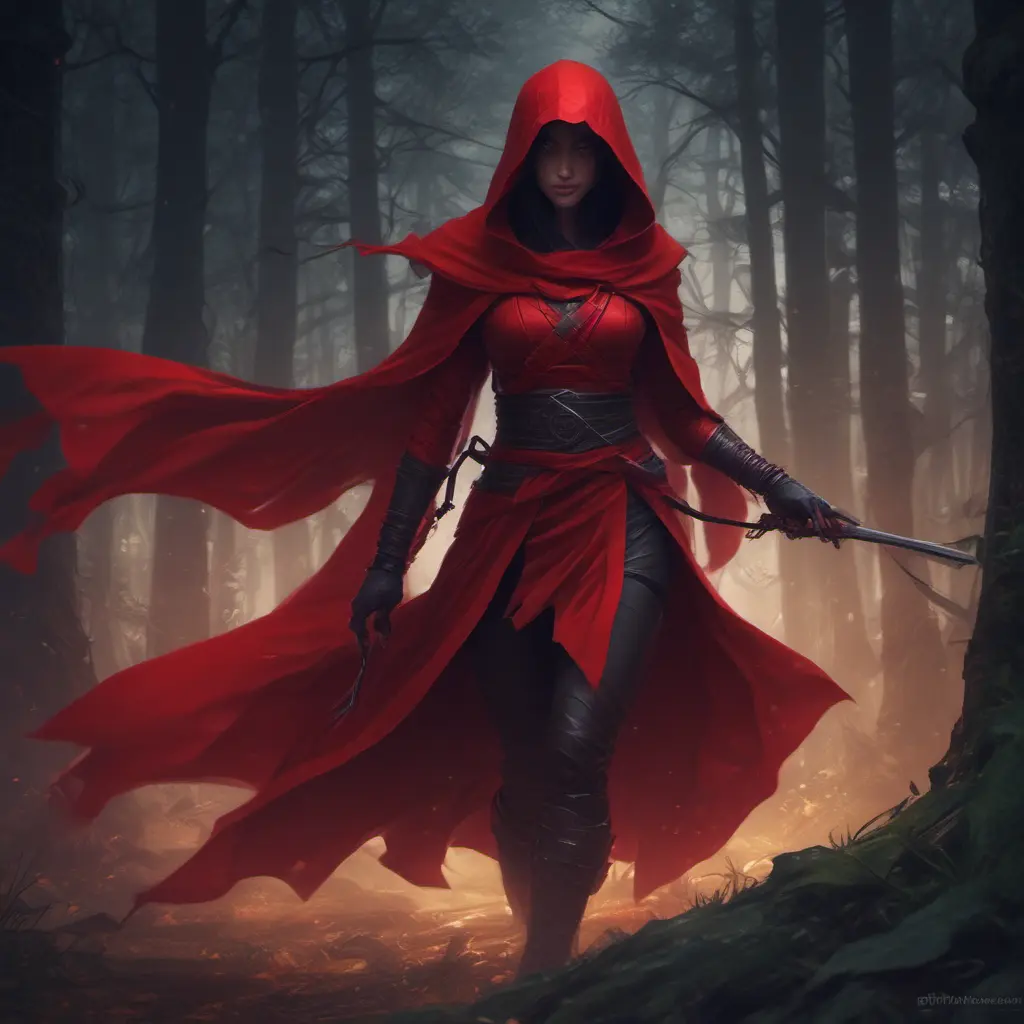 Red hooded female ninja in a haunted forest, Highly Detailed, Intricate, Gothic, Volumetric Lighting, Fantasy, Dark by Stanley Artgerm Lau