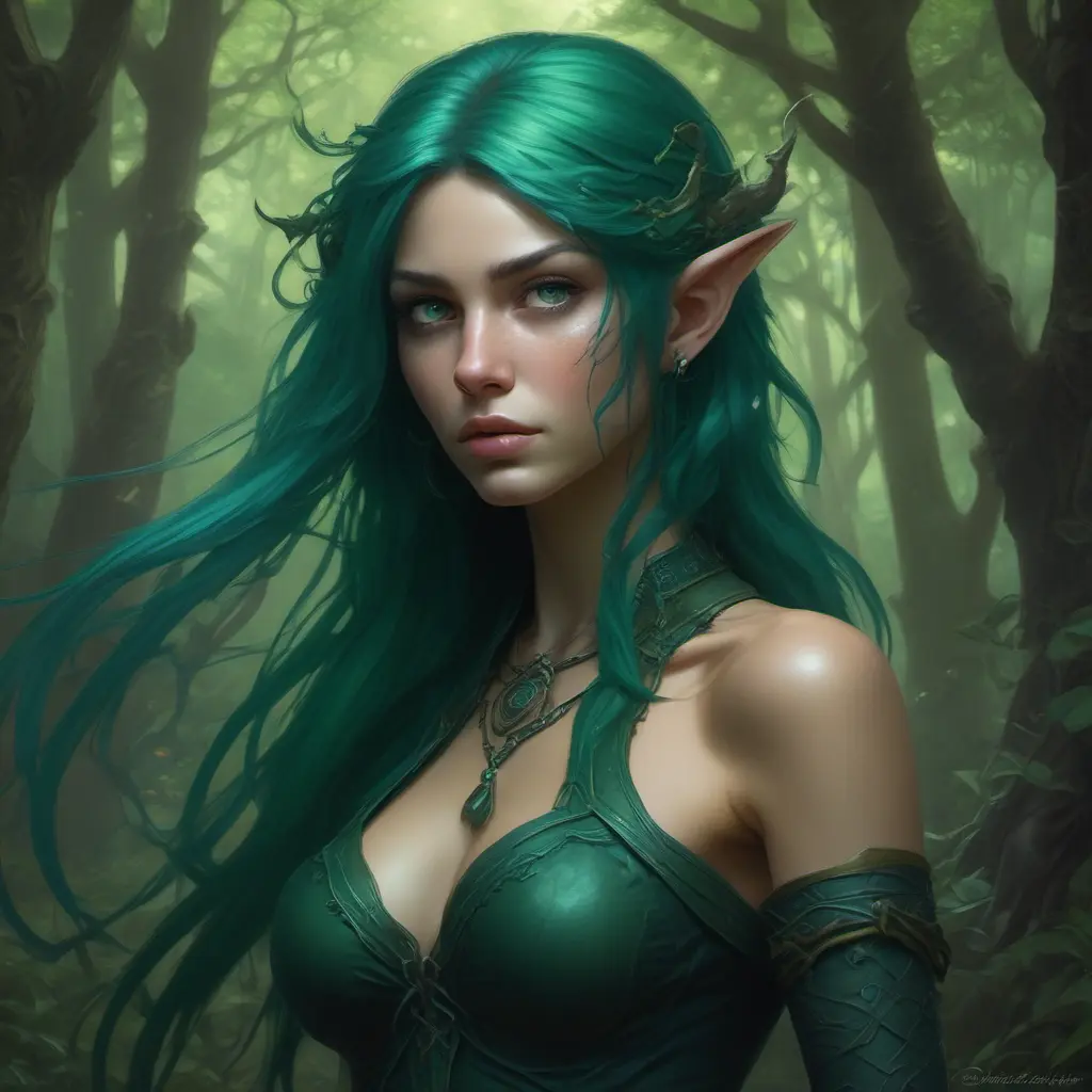 Green haired half-elf in a haunted forest, Highly Detailed, Intricate, Gothic, Volumetric Lighting, Fantasy, Dark by Stanley Artgerm Lau