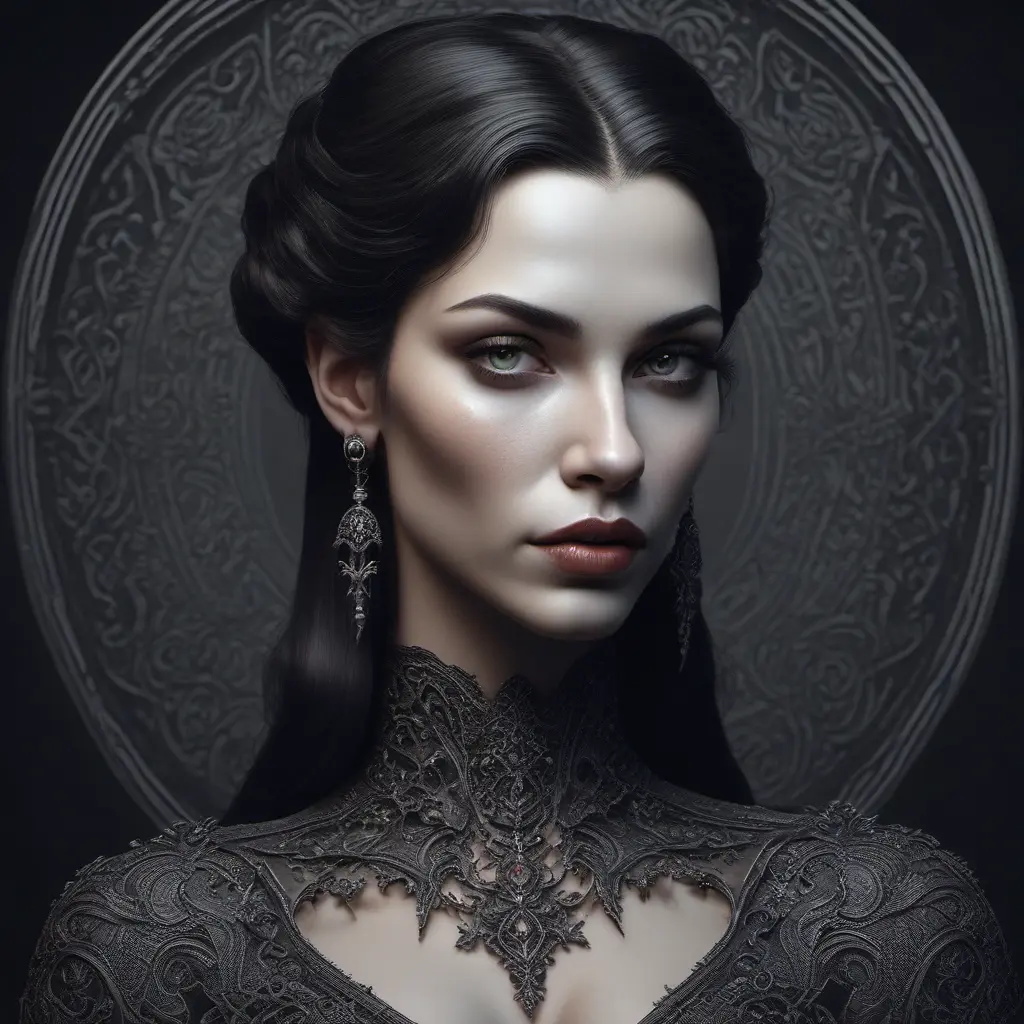 Alluring highly detailed matte portrait of a beautiful vampire in the style of Stefan Kostic, 8k, High Definition, Highly Detailed, Intricate, Half Body, Realistic, Sharp Focus, Fantasy, Elegant