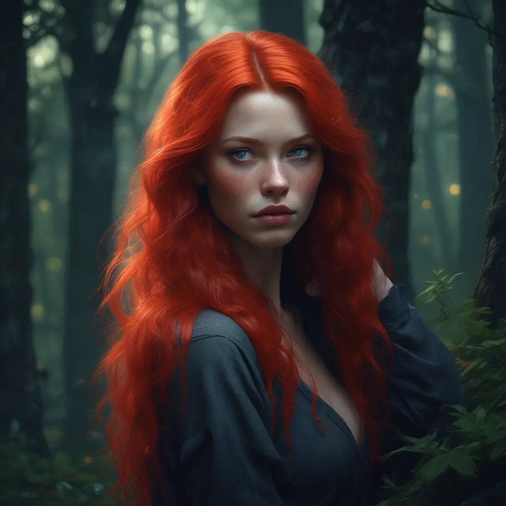 Red haired vampire in a haunted forest, Highly Detailed, Intricate, Gothic, Volumetric Lighting, Fantasy, Dark by Stanley Artgerm Lau