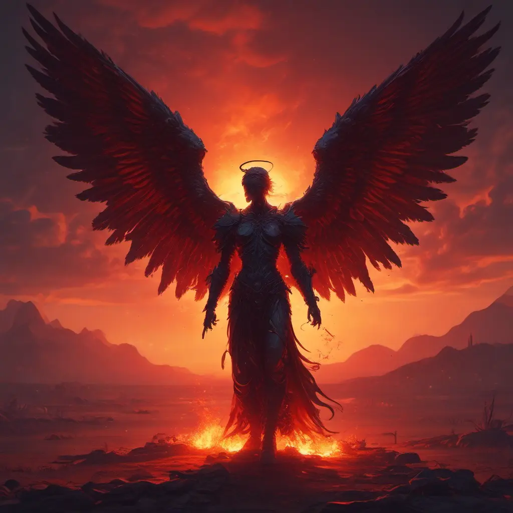 An angel with wings made of fire on a bloody battlefield with a bloodred sunset, 8k, Highly Detailed, Stunning, Volumetric Lighting, Fantasy, Dark by Greg Rutkowski