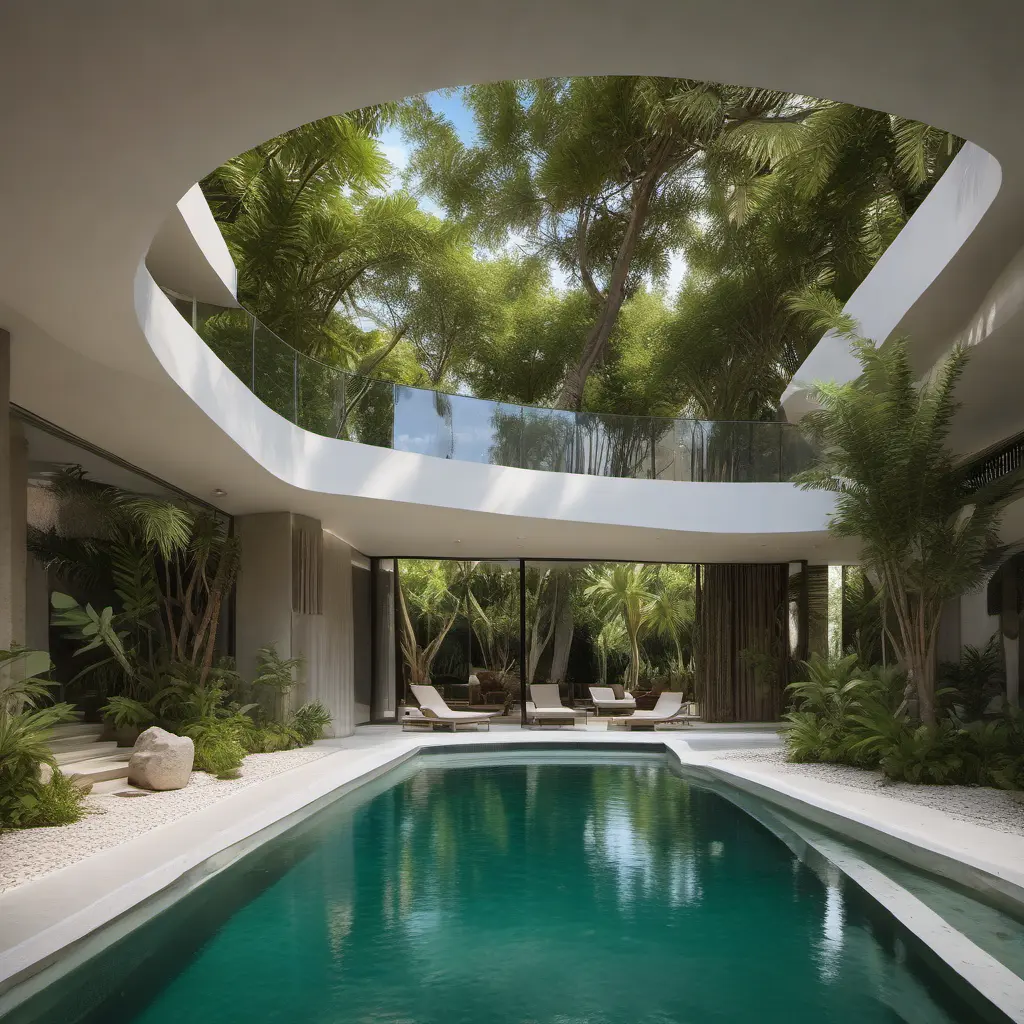 Envision a Zaha Hadid-styled, environmentally-conscious villa nestled within the bustling modern architecture of Tulum, Quintana Roo. As you approach from the entrance, the street view reveals a facade adorned with a vertical bamboo lattice, gracefully contrasting with the stone finish. Large overhangs hint at the interior's coolness, and the surrounding trees whisper tales of nature's embrace, Award-Winning, Intricate Details