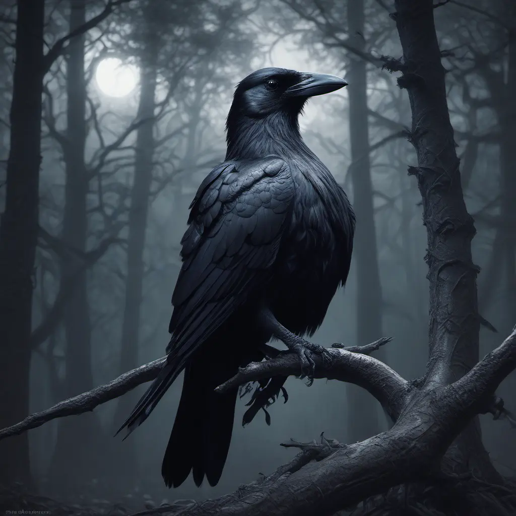 Raven in a haunted forest, Highly Detailed, Intricate, Gothic and Fantasy, Gothic, Volumetric Lighting, Fantasy, Dark by Stanley Artgerm Lau