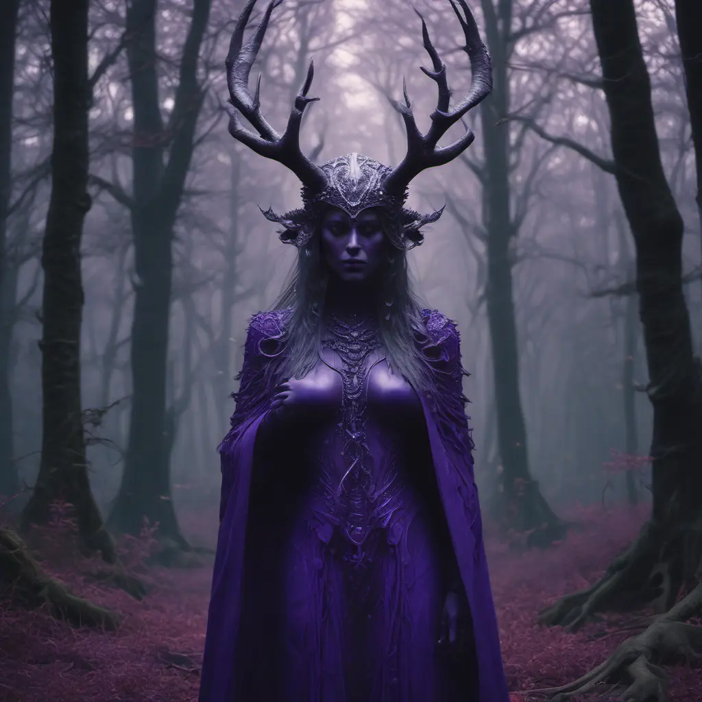 A mysterious witch cloaked with antlers in purple chaos energy, in a dark forest of salix trees, 8k, High Definition, Highly Detailed, Trending on Artstation, Darkwave, Epic, Isometric, Cinematic Lighting, Smooth, 3D Rendering, Octane Render, Vibrant Colors, Ominous by Stanley Artgerm Lau, Zdzislaw Beksinski, H. R. (Hans Ruedi) Giger