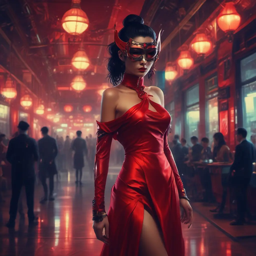 Asian cyberpunk feme fatale in expensive red dress with mask at a masquerade ball smart but dangerous in a high-tech club., Oil on Canvas, Photo Realistic