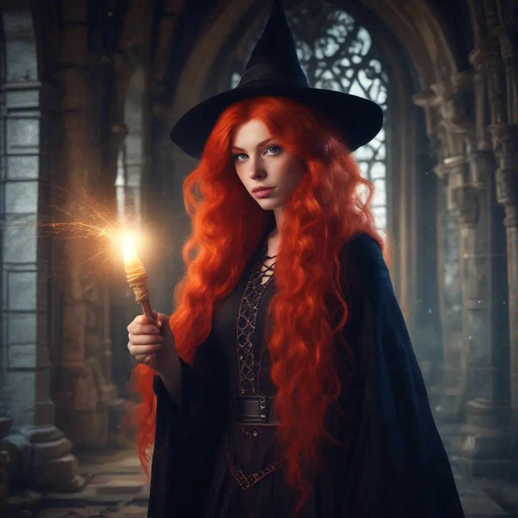 Red headed witch with shimmering hair and magical aura in a haunted castle, Gothic and Fantasy