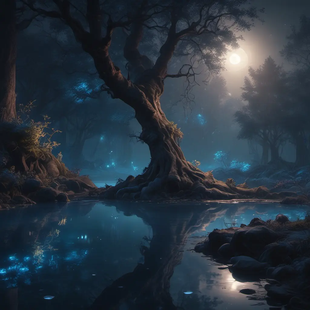 A magical pond in a fantasy forest with glowing blue trees at night, 4k, HQ, Intricate, Artstation, Cinematic Lighting, Photo Realistic, Sharp Focus, Unreal Engine, Dark