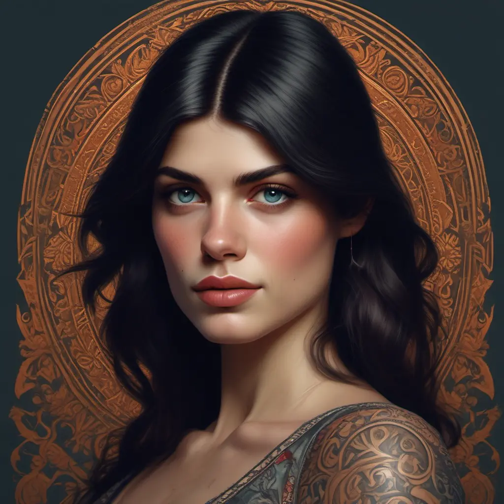 Matte portrait of Alexandra Daddario with tattoos, 8k, Highly Detailed, Powerful, Alluring, Artstation, Magical, Digital Painting, Photo Realistic, Sharp Focus, Volumetric Lighting, Concept Art by Stanley Artgerm Lau, Alphonse Mucha, Greg Rutkowski