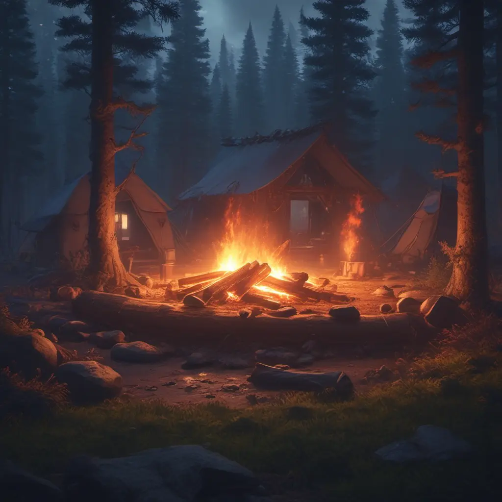 A highly detailed matte painting of a camp fire in the forest at night by studio ghibli, 4k resolution, Masterpiece, Trending on Artstation, Cyberpunk, Octane Render, Volumetric Lighting