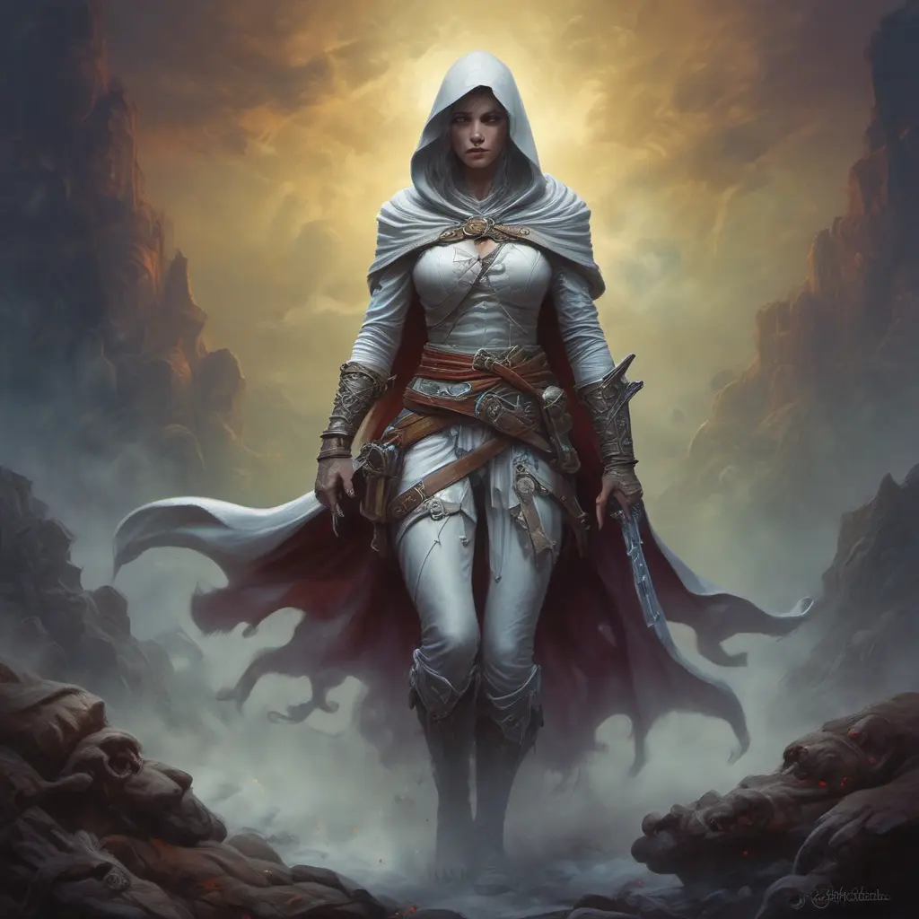 White hooded female assassin emerging from the fog of war, Highly Detailed, Vibrant Colors, Ink Art, Fantasy, Dark by Alex Horley