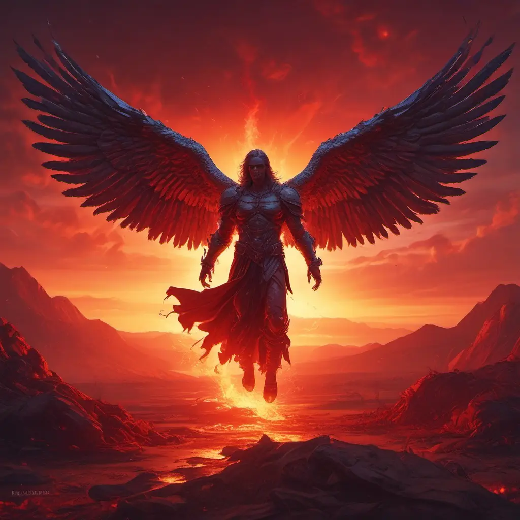 An angel with wings made of fire on a bloody battlefield with a bloodred sunset, 8k, Highly Detailed, Stunning, Volumetric Lighting, Fantasy, Dark by Greg Rutkowski