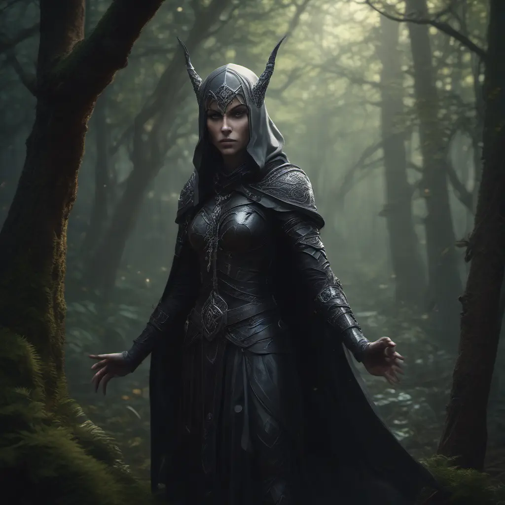 Dungeons and dragons forest elf character full body portrait, white skin, dark gothic black armor, wearing a black veil, dramatic light, dungeon background, 8k, Gothic and Fantasy, Elden Ring, Photo Realistic, Dynamic Lighting by Stanley Artgerm Lau, Greg Rutkowski