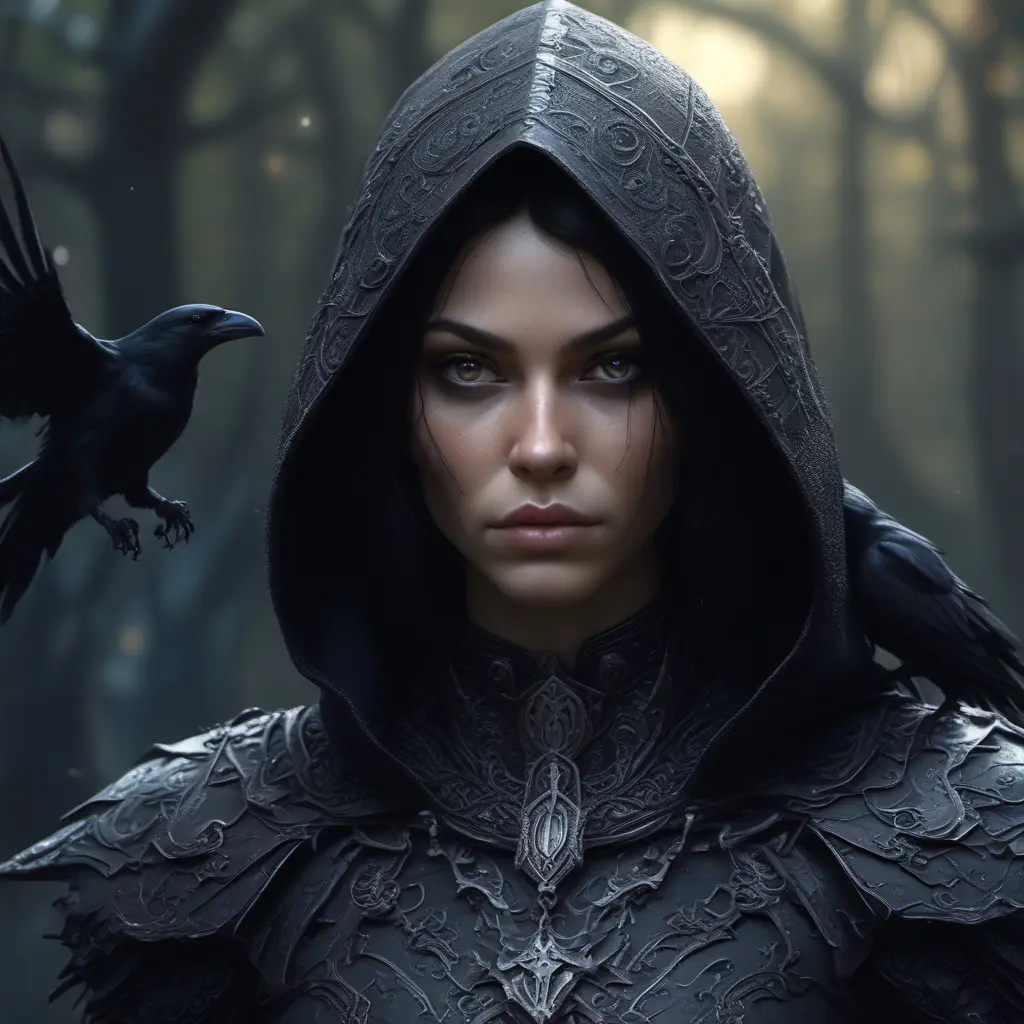 Intricate portrait of a horrifying pale assassin dusk elf, black hair, black eyes, fully covering black hooded armor, ravens, 8k, Gothic and Fantasy, Beautiful, Sci-Fi, Photo Realistic