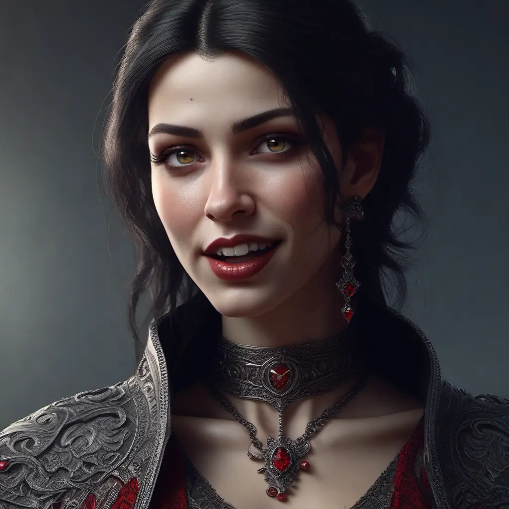 A beautiful romanian vampire woman with penetrating red bright eyes, long fangs, perfect face, 8k, Hyper Detailed, Intricate Details, Masterpiece, Contemporary, Full Body, Trending on Artstation, Gothic, Deviantart, Concept Art by Stefan Kostic