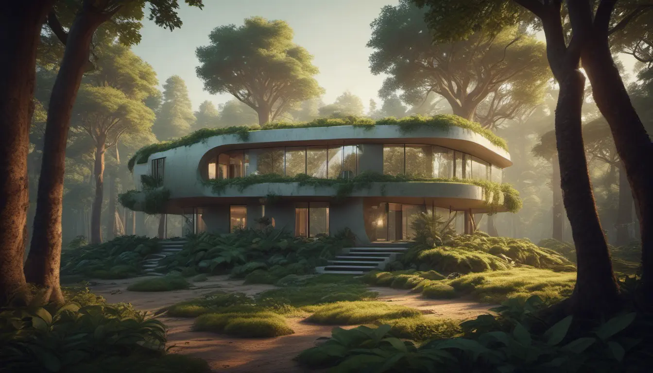 Beautiful futuristic organic house made from imaginary plants in a forest, 8k, Award-Winning, Highly Detailed, Beautiful, Epic, Octane Render, Unreal Engine, Radiant, Volumetric Lighting by Greg Rutkowski