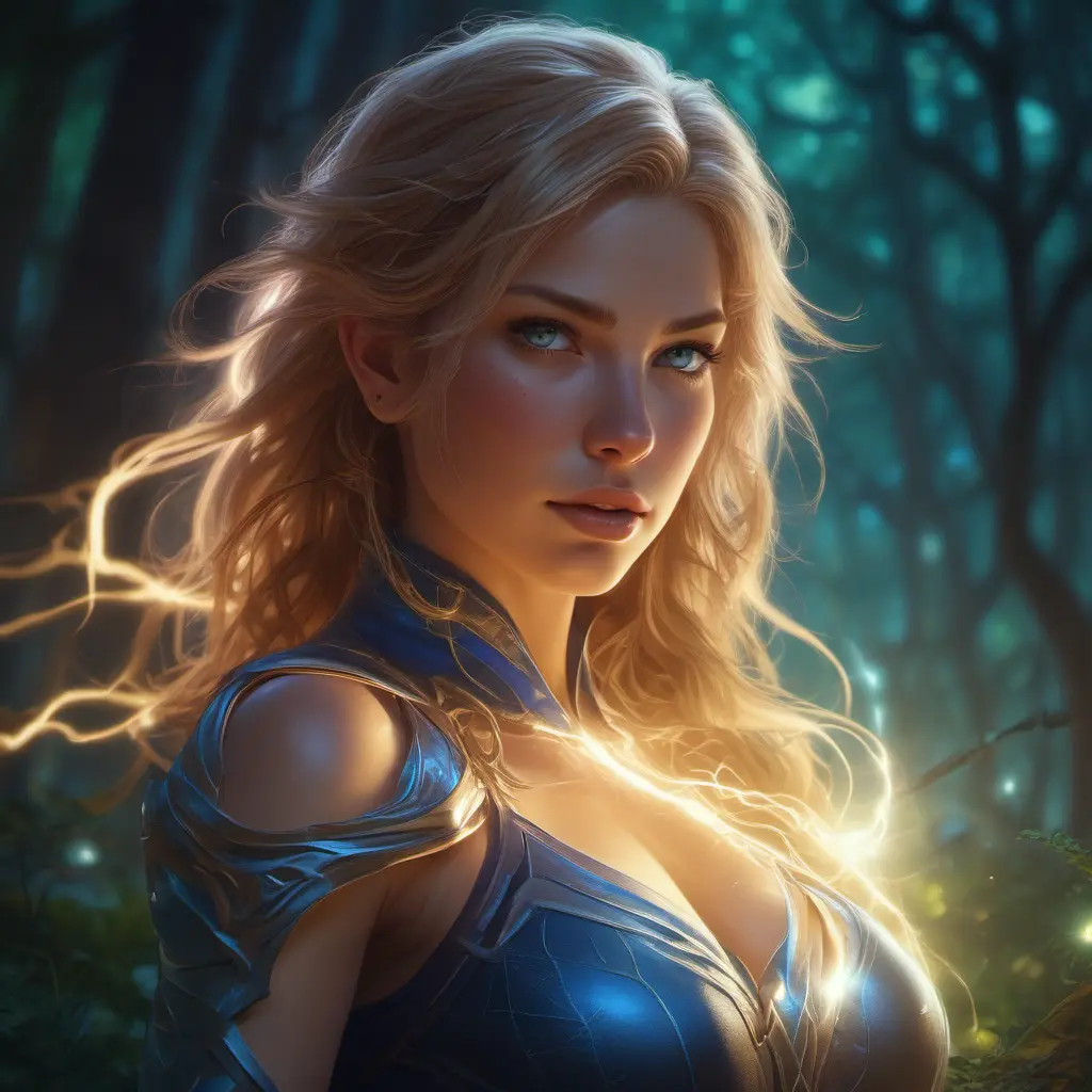 Closeup of a beautiful lightning mage in a magical forest, 4k, Highly Detailed, Masterpiece, Pretty Face, Digital Illustration, Cinematic Lighting, Realistic, Sharp Focus, Centered, Beautifully Lit, Bioluminescent by Stanley Artgerm Lau