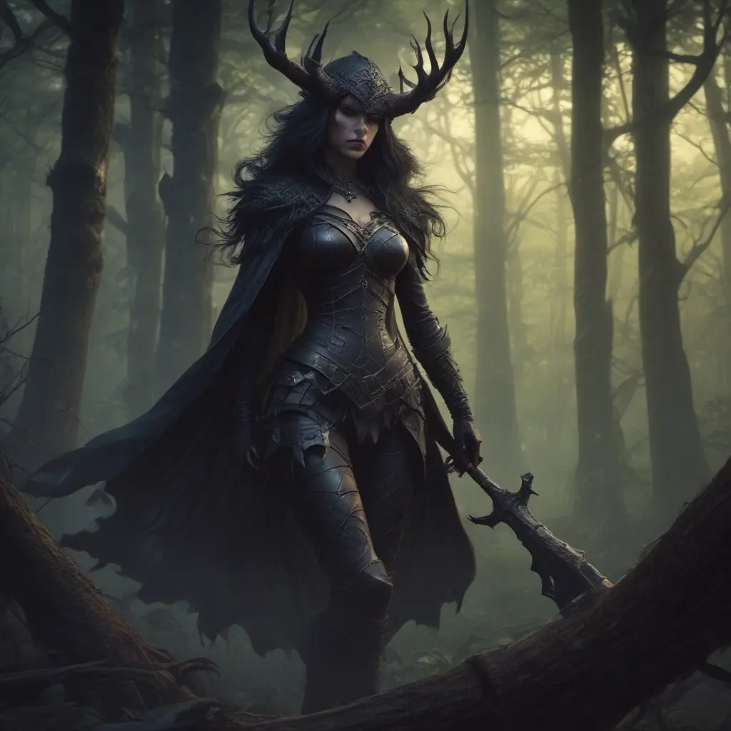 Huntress in a haunted forest, Highly Detailed, Intricate, Gothic, Volumetric Lighting, Fantasy, Dark by Stanley Artgerm Lau