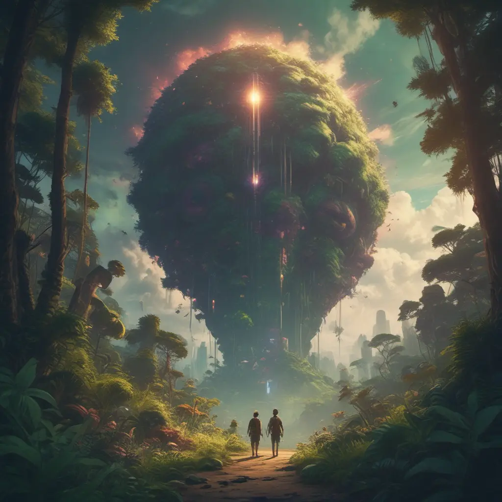 Studio ghibli, rocket explosion, jungle, solar, green technology, optimist future, 8k, Bokeh effect, Cinematic Lighting, Iridescence, Vibrant by Beeple, Dan Mumford, Greg Rutkowski, WLOP