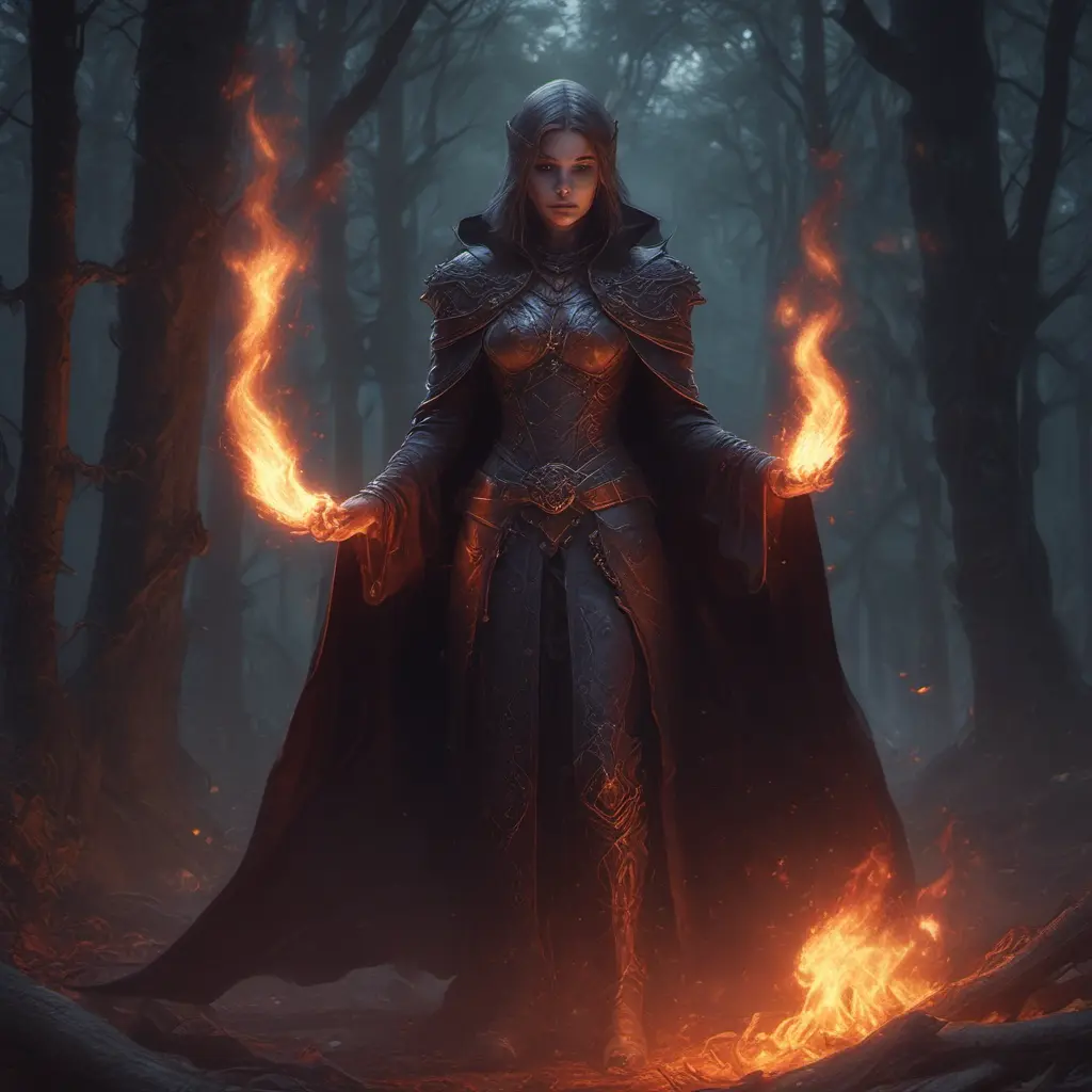 Fire mage in a haunted forest, Highly Detailed, Intricate, Gothic and Fantasy, Gothic, Volumetric Lighting, Fantasy, Dark by Stanley Artgerm Lau