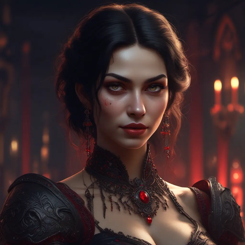 A beautiful romanian vampire woman with penetrating red bright eyes, long fangs, perfect face, 8k, Hyper Detailed, Intricate Details, Masterpiece, Contemporary, Full Body, Trending on Artstation, Gothic, Deviantart, Concept Art by Stefan Kostic