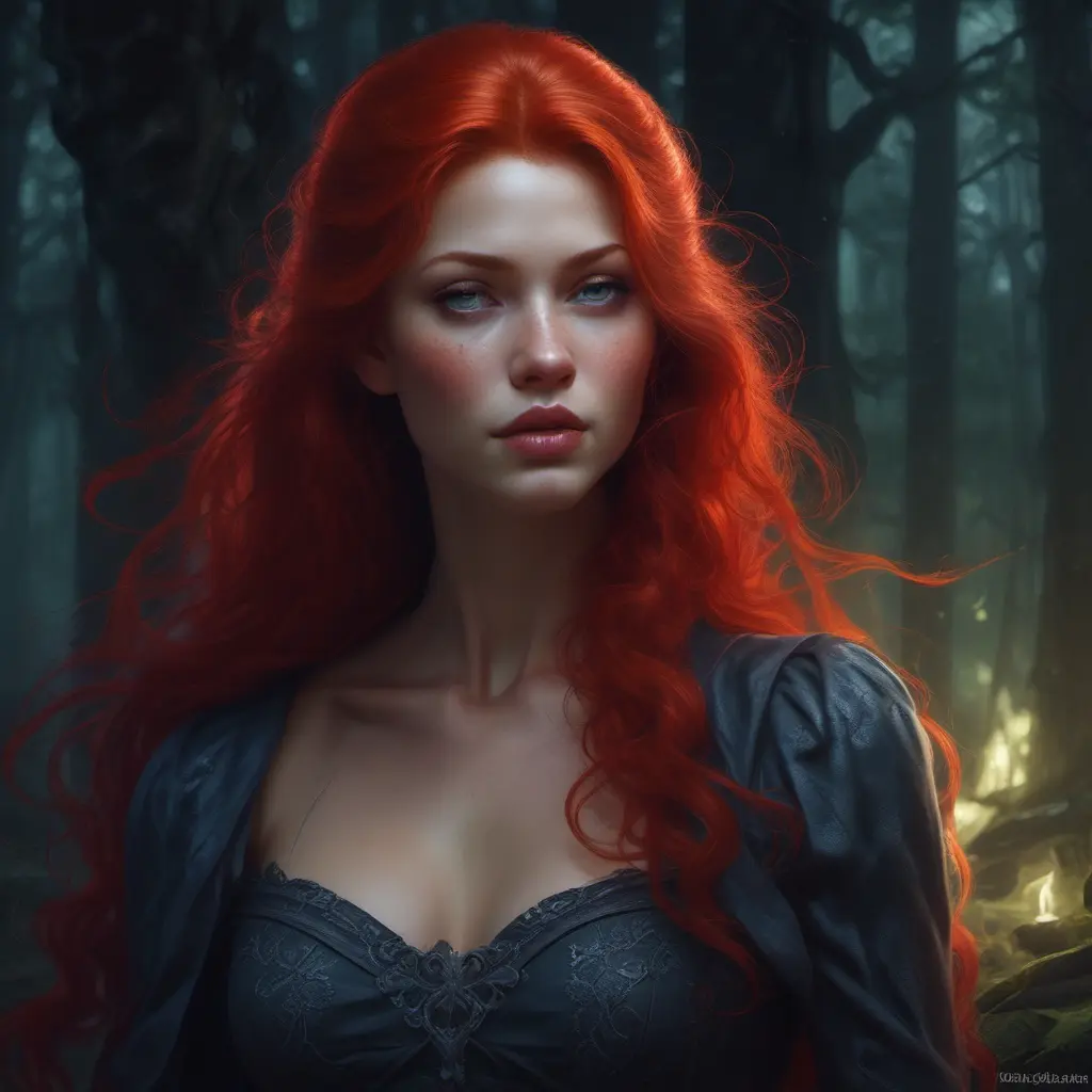 Red haired vampire in a haunted forest, Highly Detailed, Intricate, Gothic, Volumetric Lighting, Fantasy, Dark by Stanley Artgerm Lau