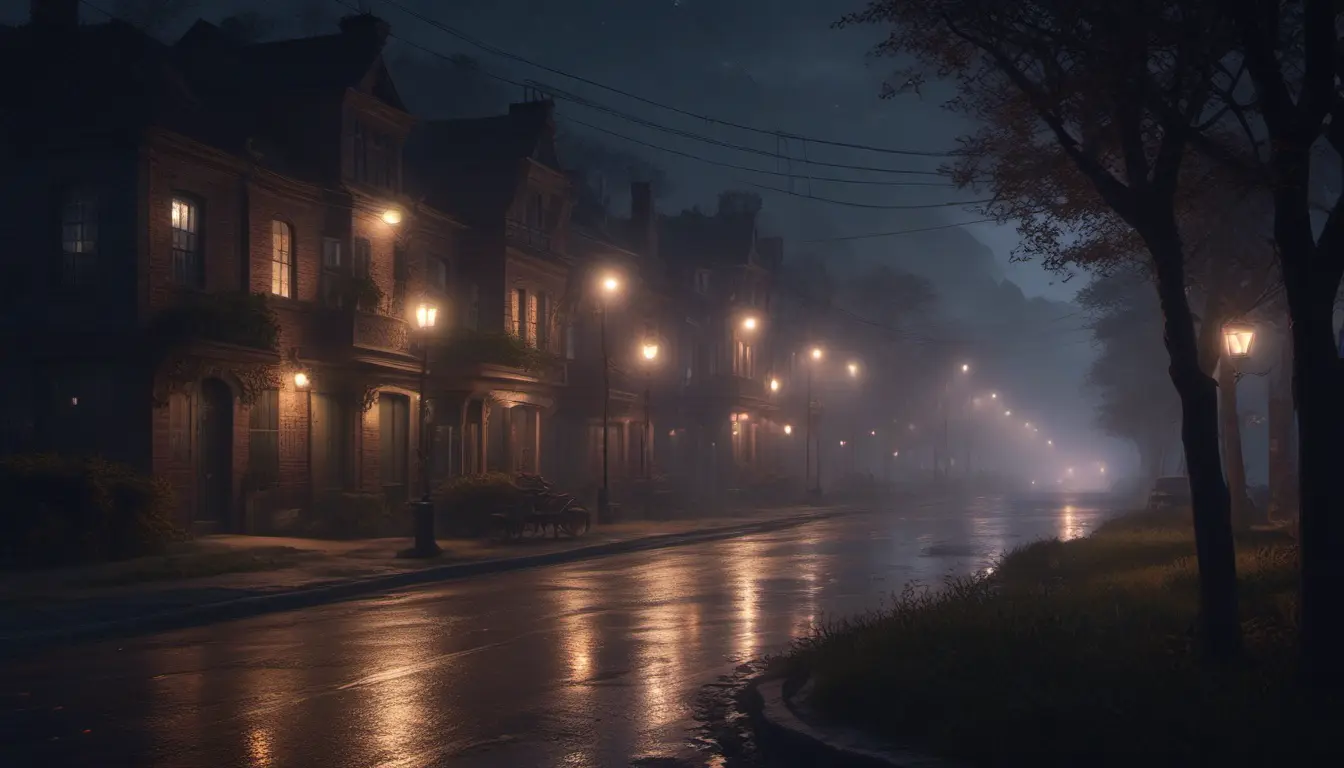 An eerie street at night of a mystical creepy road, cinematic view, 8k, Award-Winning, Highly Detailed, Beautiful, Epic, Octane Render, Unreal Engine, Radiant, Volumetric Lighting by James Gurney, Greg Rutkowski