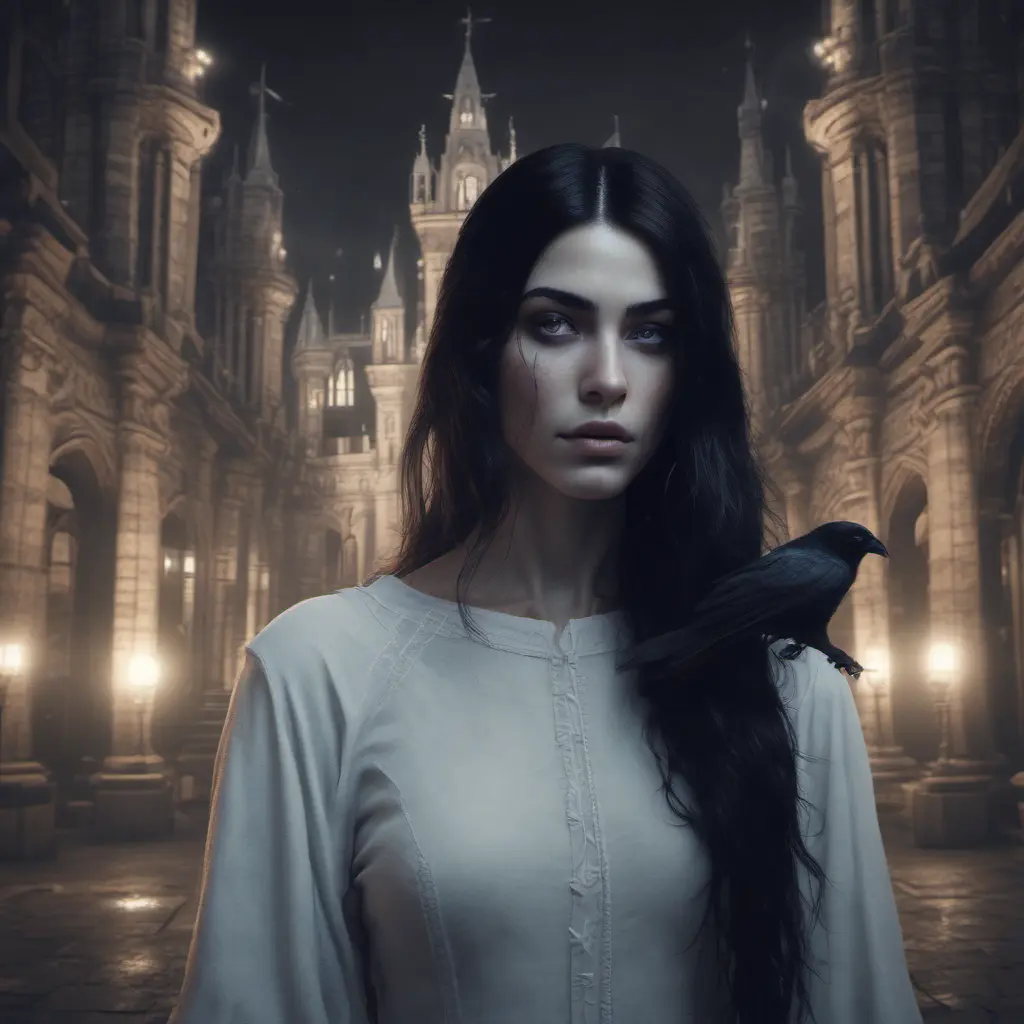 Female ghost with raven hair and black eyest in a creepy castle at night, 8k, Dystopian, Dark