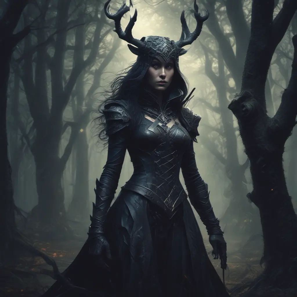 Huntress in a haunted forest, Highly Detailed, Intricate, Gothic, Volumetric Lighting, Fantasy, Dark by Stanley Artgerm Lau