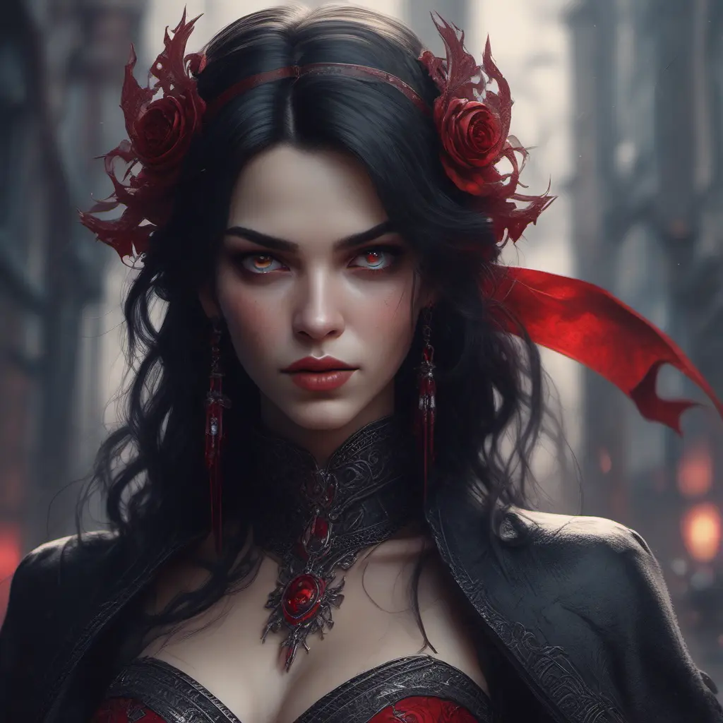 A beautiful romanian vampire woman with penetrating red bright eyes, long fangs, perfect face, 8k, Hyper Detailed, Intricate Details, Masterpiece, Contemporary, Full Body, Trending on Artstation, Gothic, Deviantart, Concept Art by WLOP