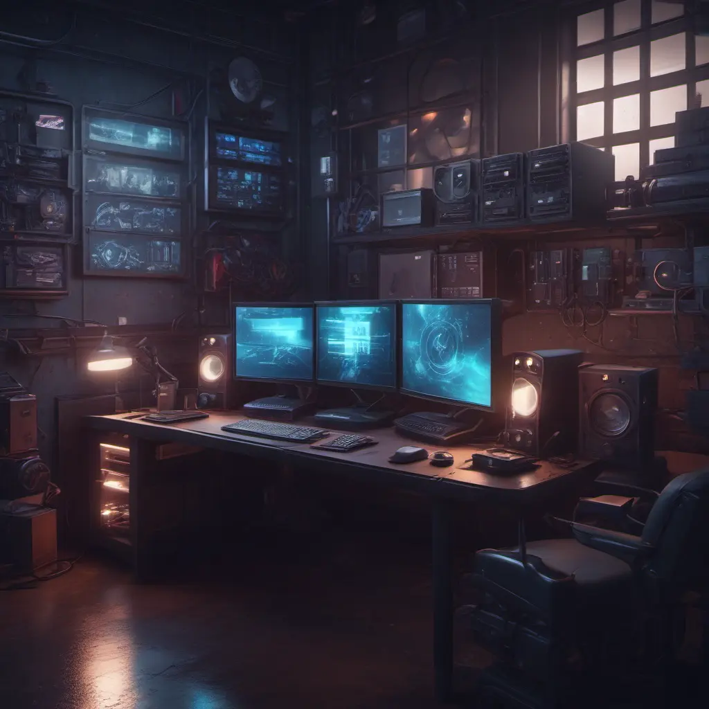 A dark industrial desk from the future with many monitors, Photo Realistic, Volumetric light effect, Octane Render, Unreal Engine, Ambient Occlusion, Maximalism, Industrial by Beeple