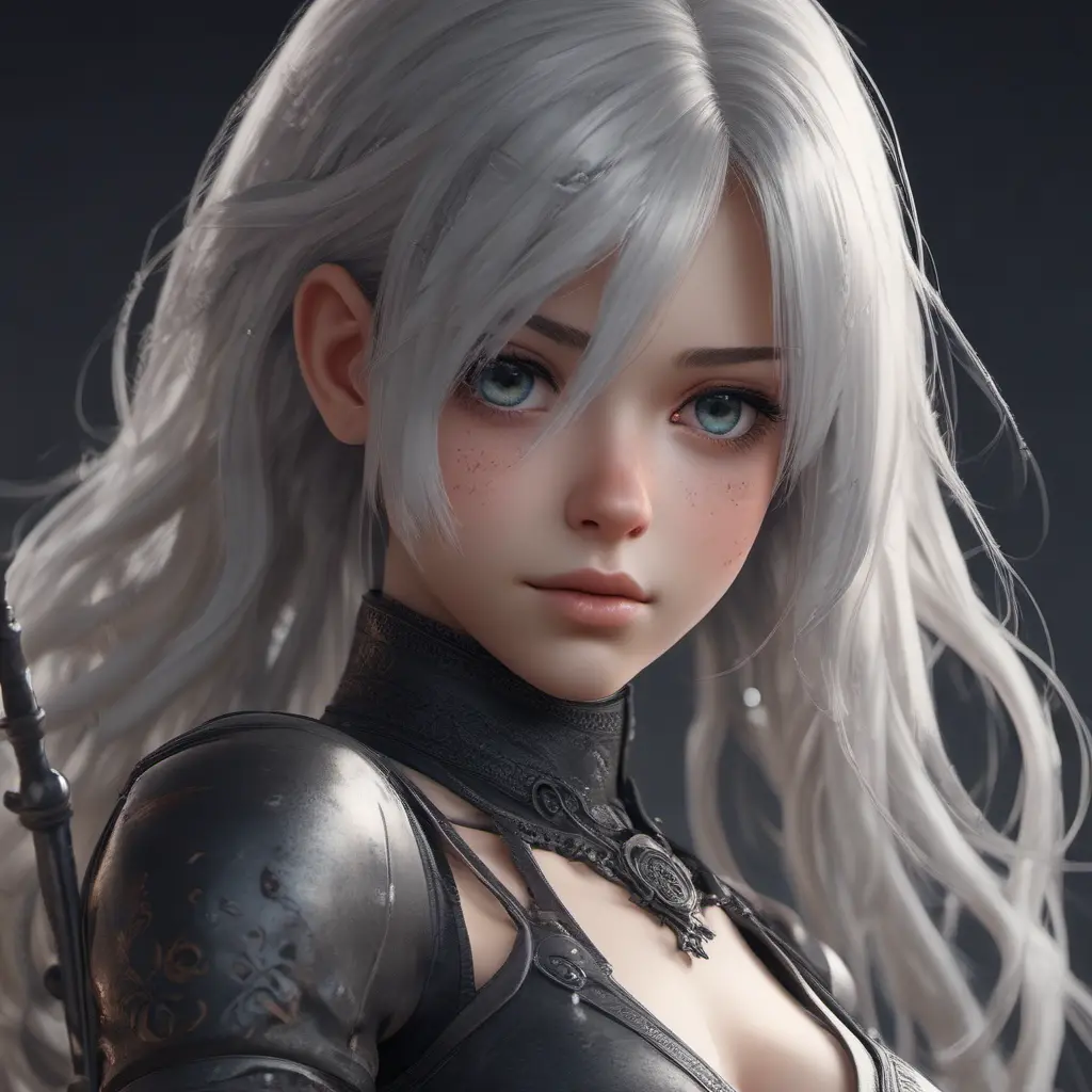 Alluring highly detailed matte portrait of a beautiful A2 from Nier Automata with shimmering hair in the style of Stefan Kostic, 8k, High Definition, Highly Detailed, Intricate, Half Body, Realistic, Sharp Focus, Fantasy, Elegant