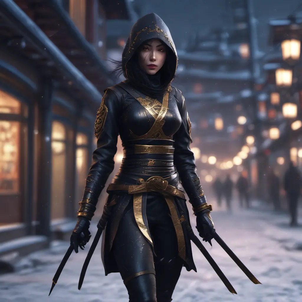 Mysterious beautiful armed kunoichi ninja wearing black leather and gold in the streets of dark snowy tokyo, 8k, Intricate Details, Trending on Artstation, Beautiful, Stunning, Centered by Stanley Artgerm Lau, WLOP