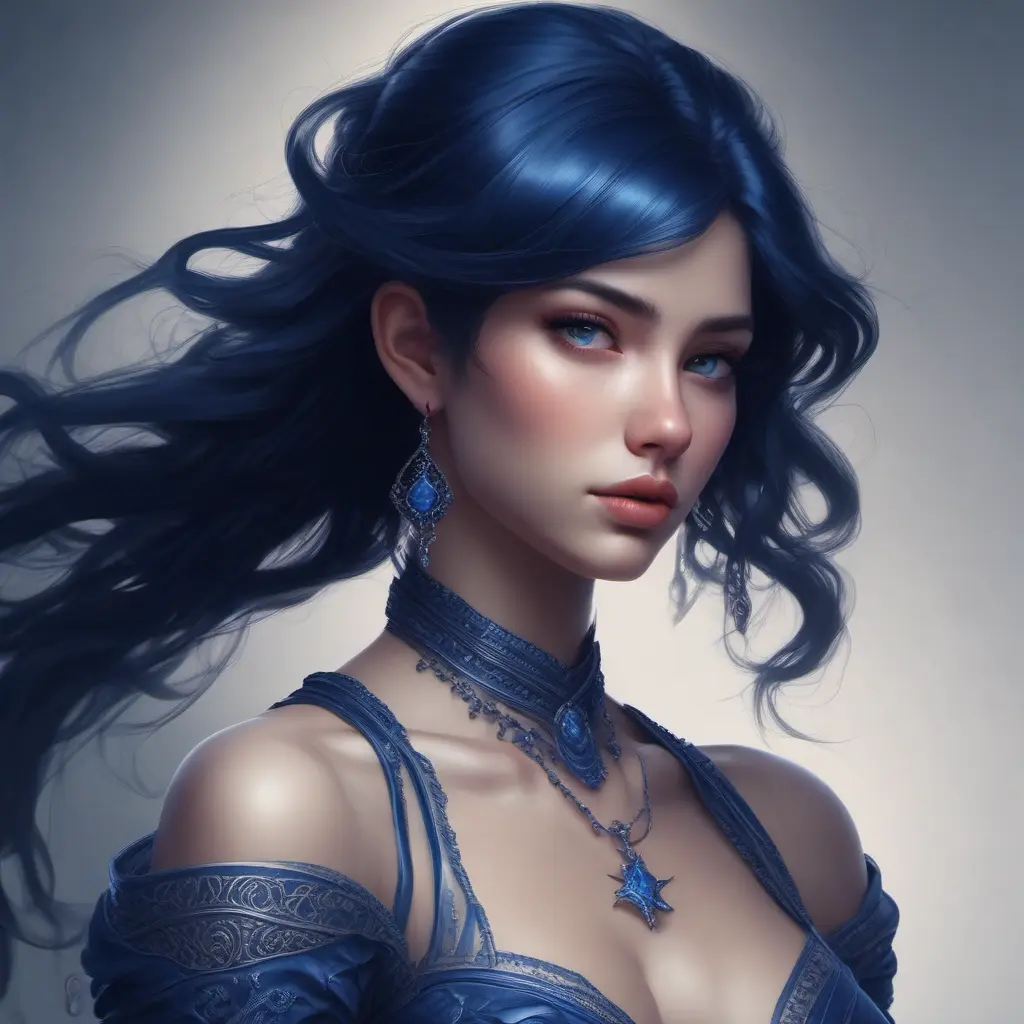 Alluring matte portrait of a beautiful A2 in dark blue, 8k, Highly Detailed, Intricate, Half Body, Realistic, Sharp Focus, Volumetric Lighting, Fantasy, Elegant by Stanley Artgerm Lau, WLOP, Stefan Kostic