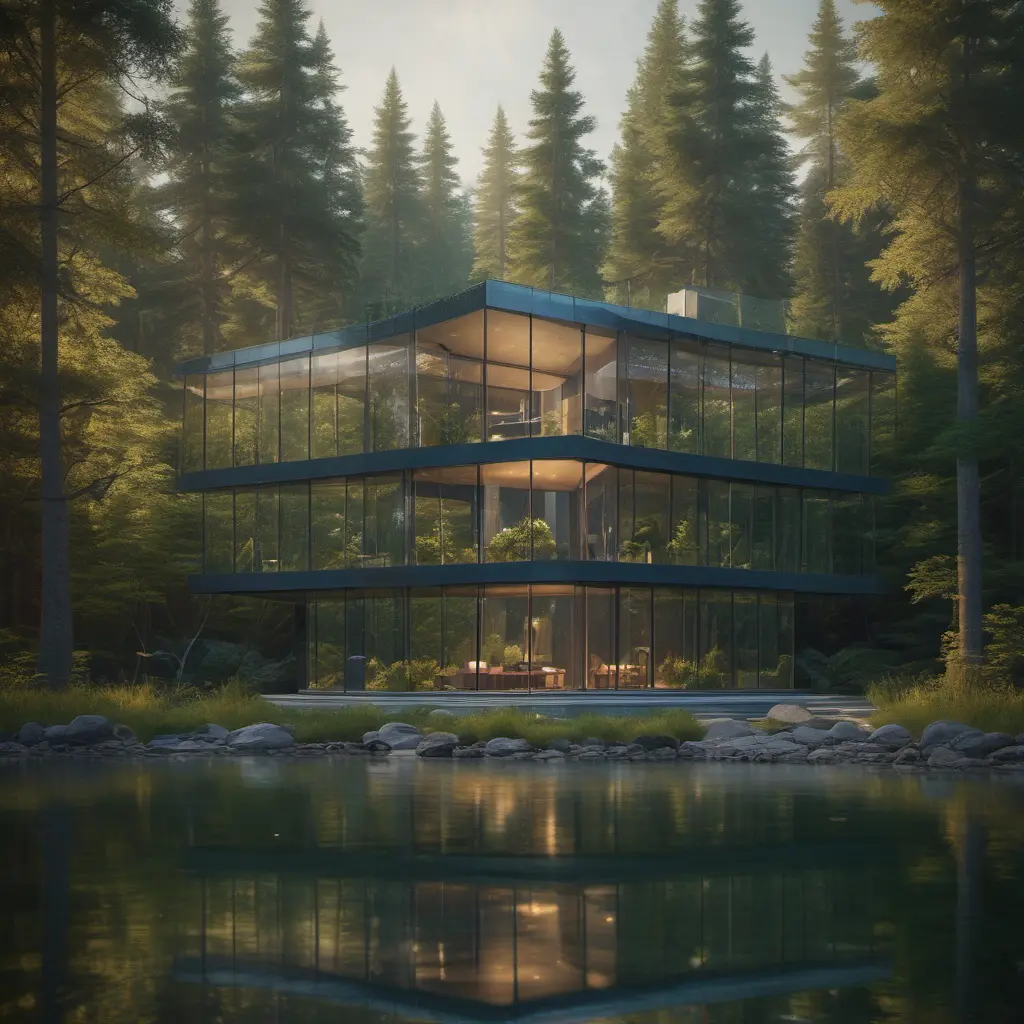 Beautiful futuristic architectural glass house in the forest on a large lake, 8k, Award-Winning, Highly Detailed, Beautiful, Epic, Octane Render, Unreal Engine, Radiant, Volumetric Lighting by Michael Eastman