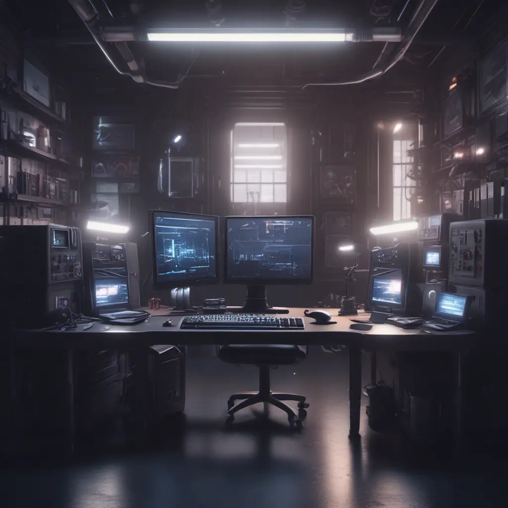 A dark industrial desk from the future with many monitors, Photo Realistic, Volumetric light effect, Octane Render, Unreal Engine, Ambient Occlusion, Maximalism, Industrial by Beeple