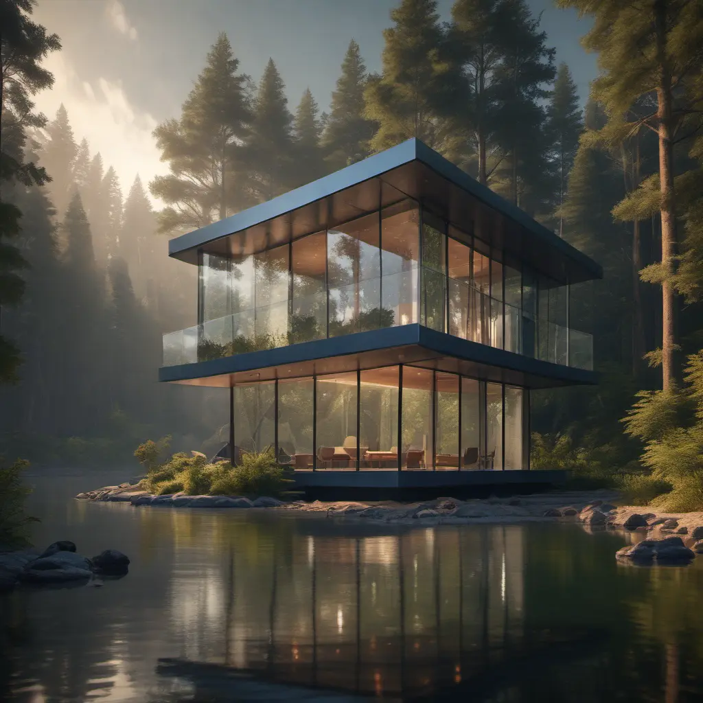 Beautiful futuristic architectural glass house in the forest on a large lake, 8k, Award-Winning, Highly Detailed, Beautiful, Epic, Octane Render, Unreal Engine, Radiant, Volumetric Lighting by Greg Rutkowski