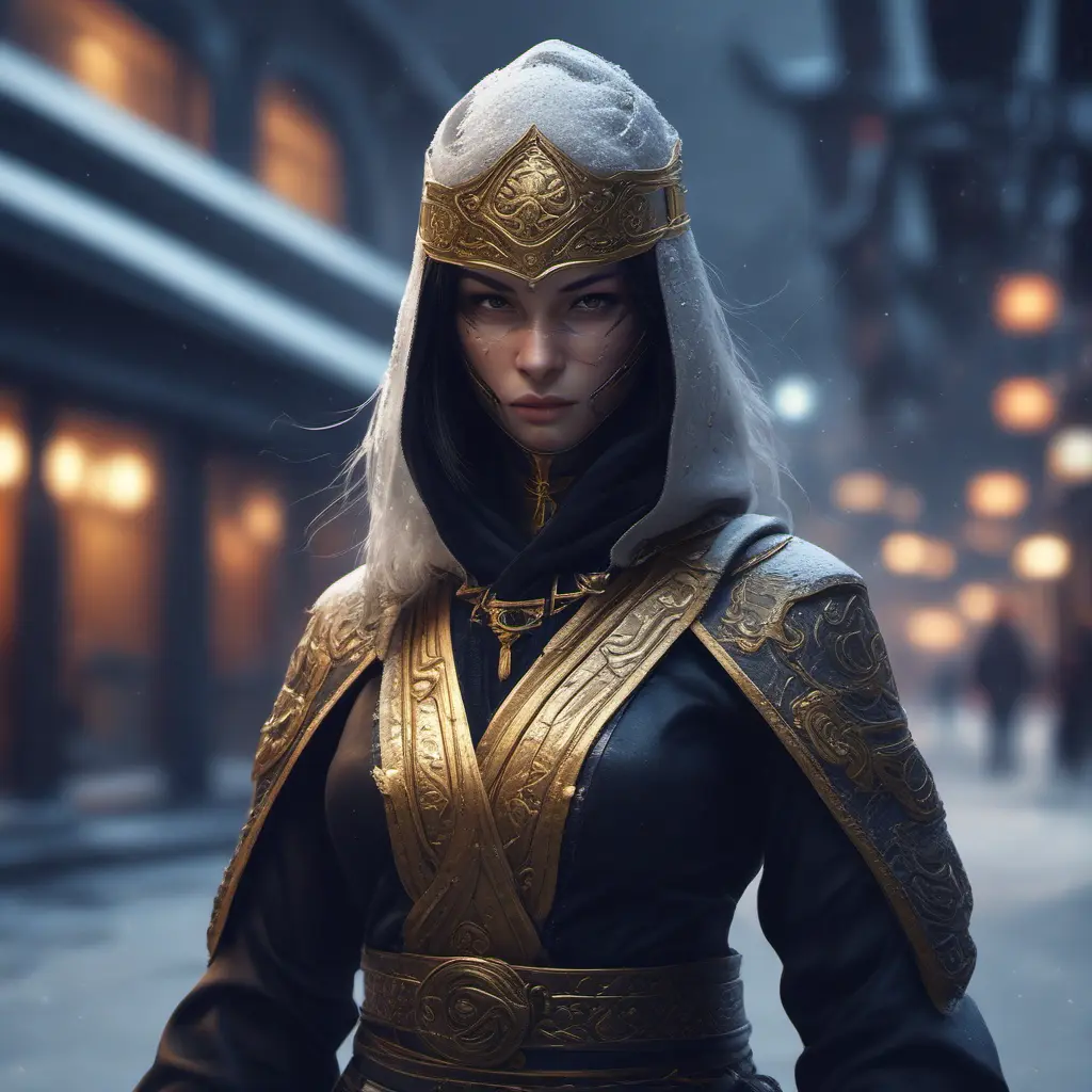 Wallpaper of a mysterious beautiful masked kunoichi ninja wearing eyeliner and gold jewelry in the streets of a dark snowy town in moscow, fluid motion, 8k, Intricate Details, Trending on Artstation, Beautiful, Stunning, Centered by Stanley Artgerm Lau, WLOP