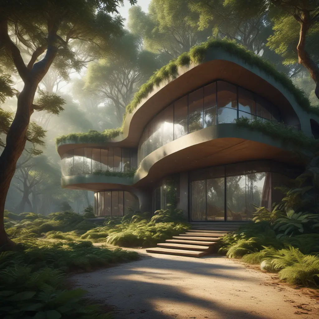 Beautiful futuristic organic house made from imaginary plants in a forest, 8k, Award-Winning, Highly Detailed, Beautiful, Epic, Octane Render, Unreal Engine, Radiant, Volumetric Lighting by Greg Rutkowski